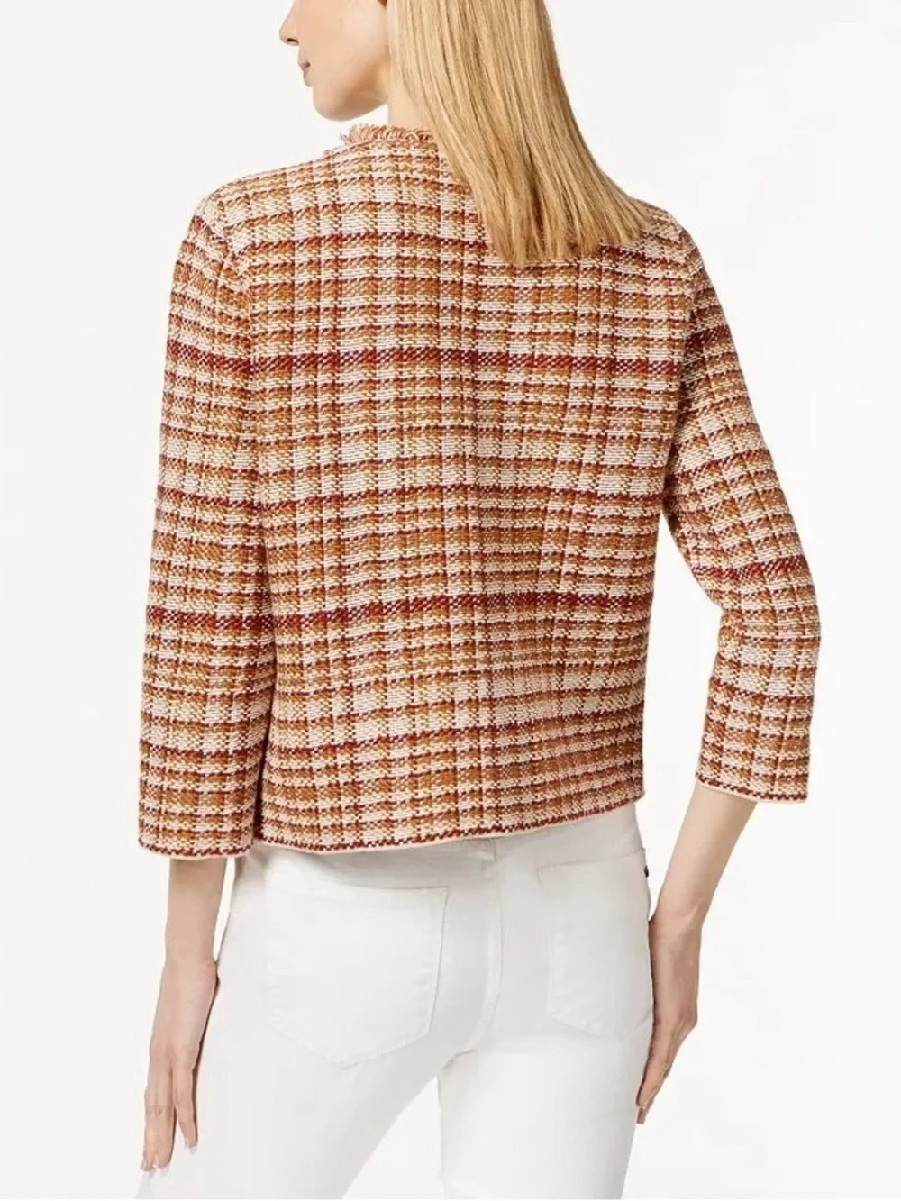 Weekend MaxMara Tweed Open Front Blazer Fringe Trim Flax Linen Plaid Size Large